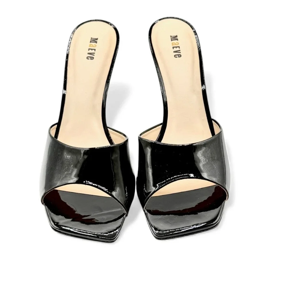 Maeve Anthropologie‎ Black Patent Leather Square Toe Wedge Mule Heels 10